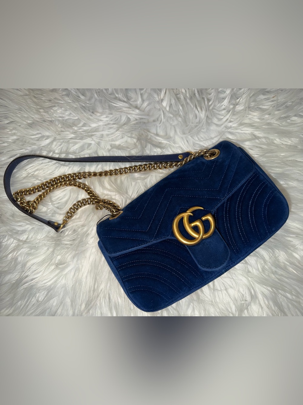 Gucci Navy Blue Velvet Shoulder Bag with Gold Double G